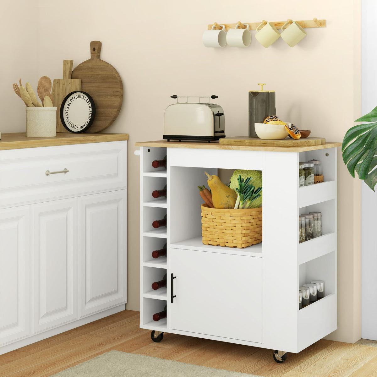 Kitchen trolley serving trolley with worktop, shelves, wine racks, kitchen cabinet trolley with soft-close hinges, handle, kitchen island for office, 83x40x83cm, oak