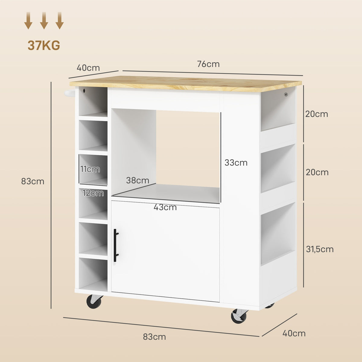 Kitchen trolley serving trolley with worktop, shelves, wine racks, kitchen cabinet trolley with soft-close hinges, handle, kitchen island for office, 83x40x83cm, oak