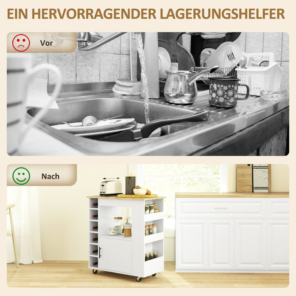 Kitchen trolley serving trolley with worktop, shelves, wine racks, kitchen cabinet trolley with soft-close hinges, handle, kitchen island for office, 83x40x83cm, oak