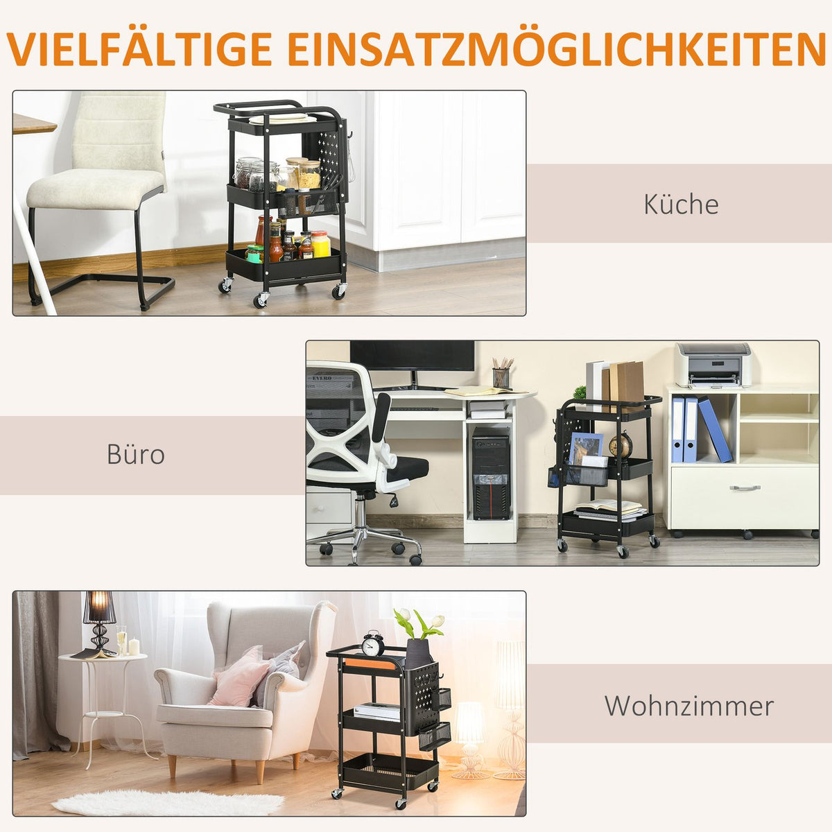 Kitchen trolley with perforated board, towel holder, storage baskets, black