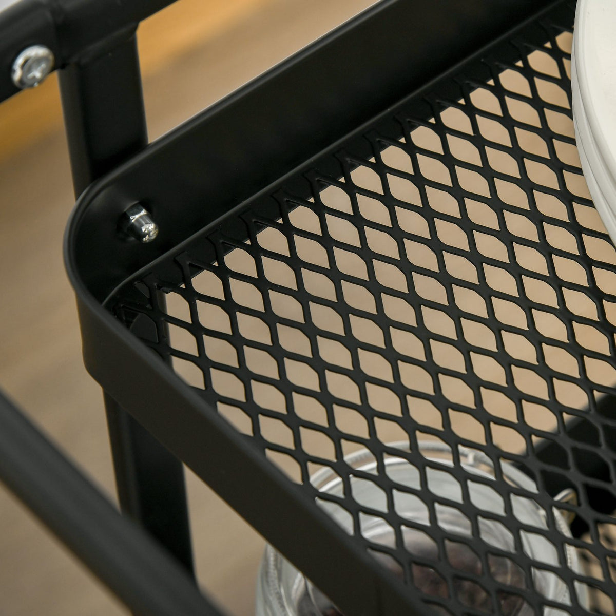 Kitchen trolley with perforated board, towel holder, storage baskets, black
