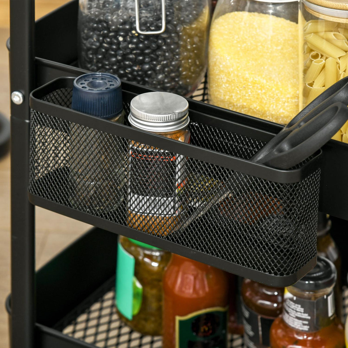 Kitchen trolley with perforated board, towel holder, storage baskets, black
