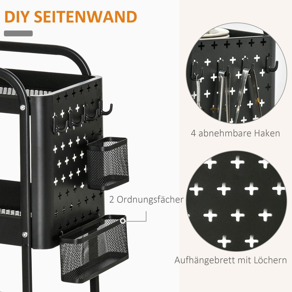Kitchen trolley with perforated board, towel holder, storage baskets, black