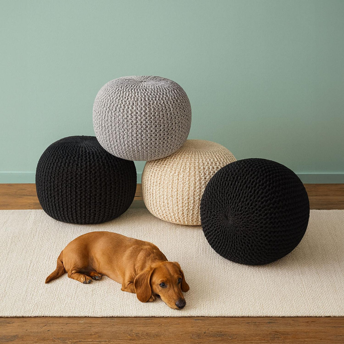 Knitted Pouf – Round, Boho Design, Polystyrene Fill