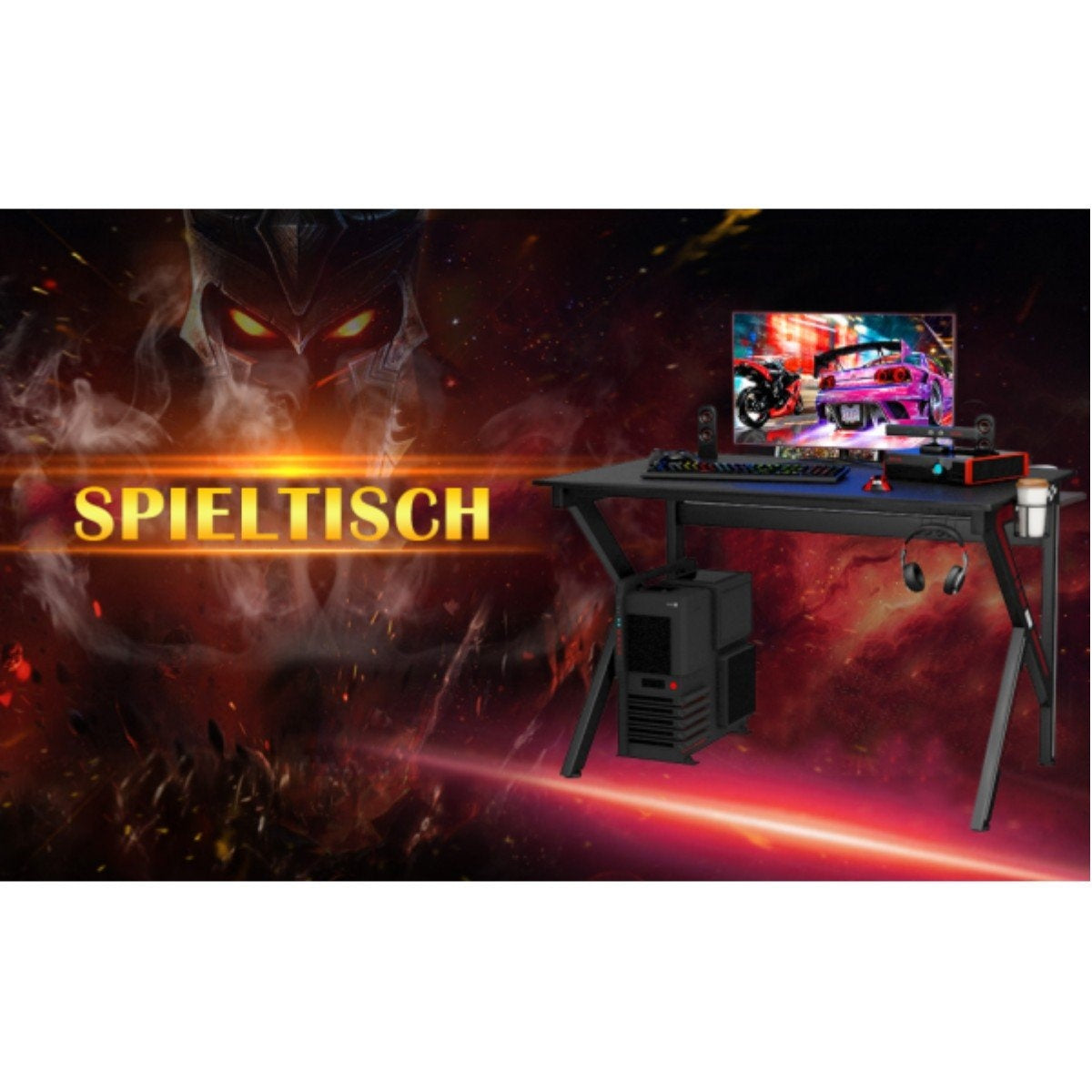 K-shaped gaming table with headphone hook cup holder and cable management ergonomic computer table black