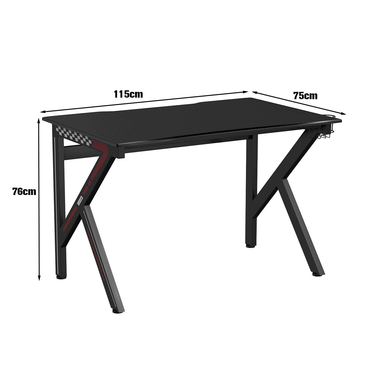 K-shaped gaming table with headphone hook cup holder and cable management ergonomic computer table black