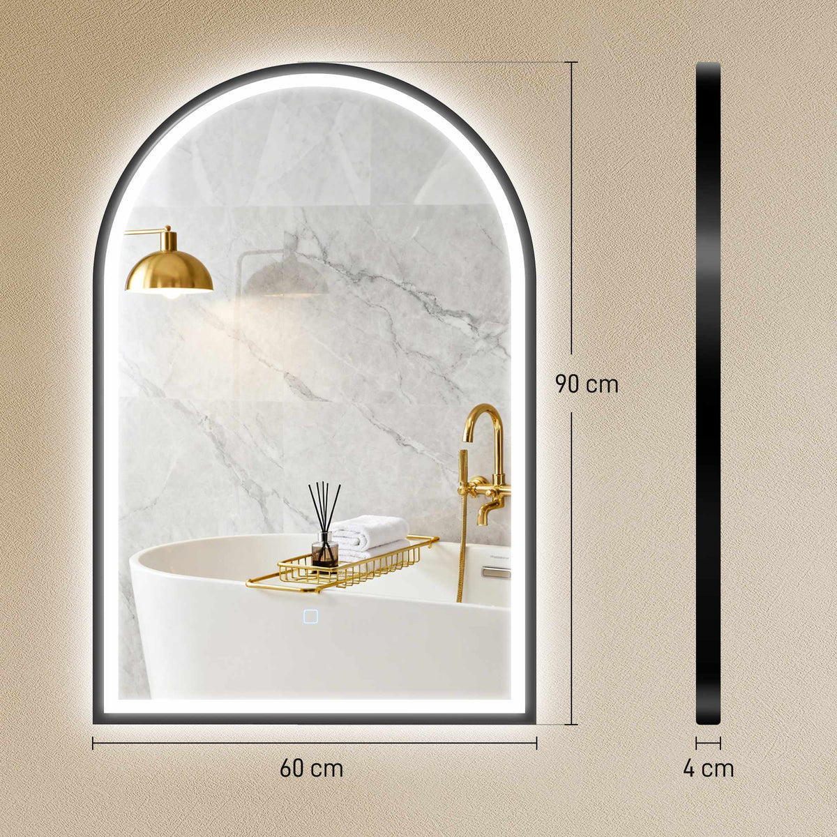 LED Bathroom Mirror 60x90 cm, Front & Backlit, Black