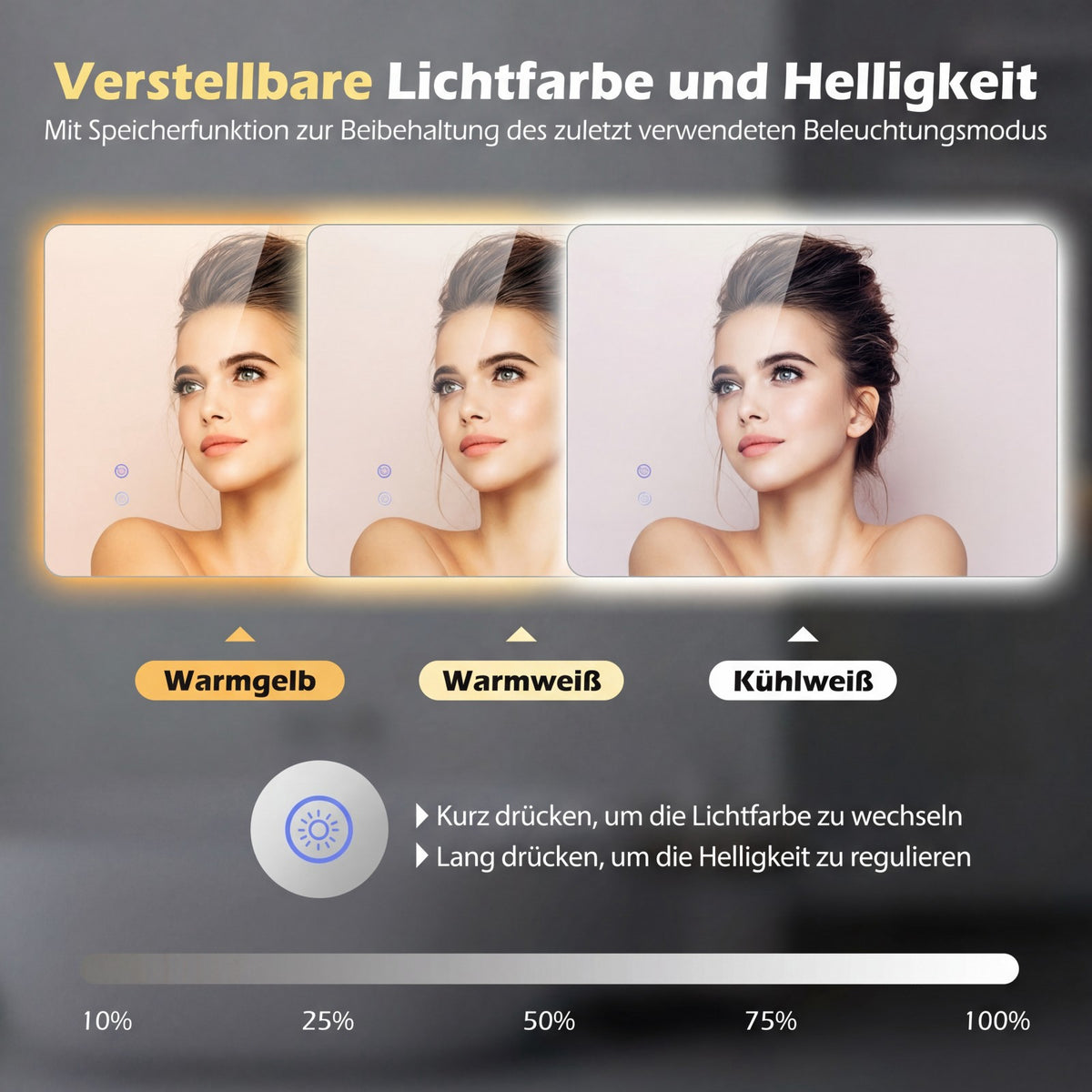LED Bathroom Mirror, 70x50 cm, Anti-Fog, Adjustable Light