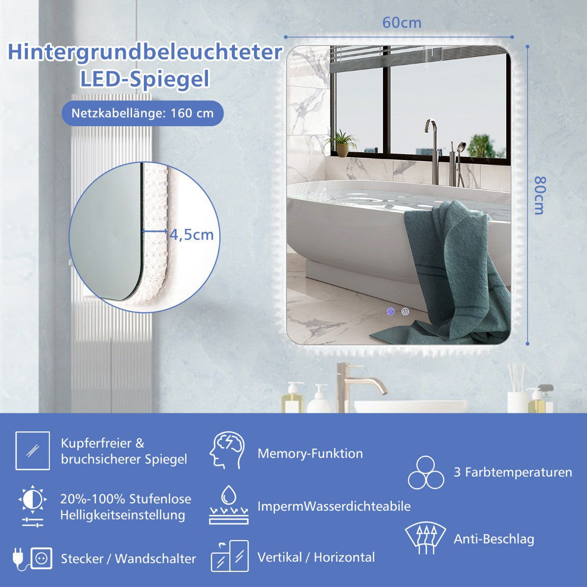 LED Bathroom Mirror 80 x 60 cm, Dimmable, Anti-Fog