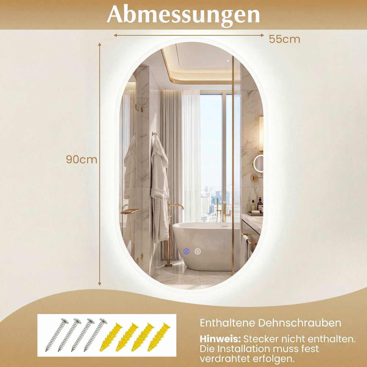 LED Bathroom Mirror, 90x55 cm, Anti-Fog, Touch Control