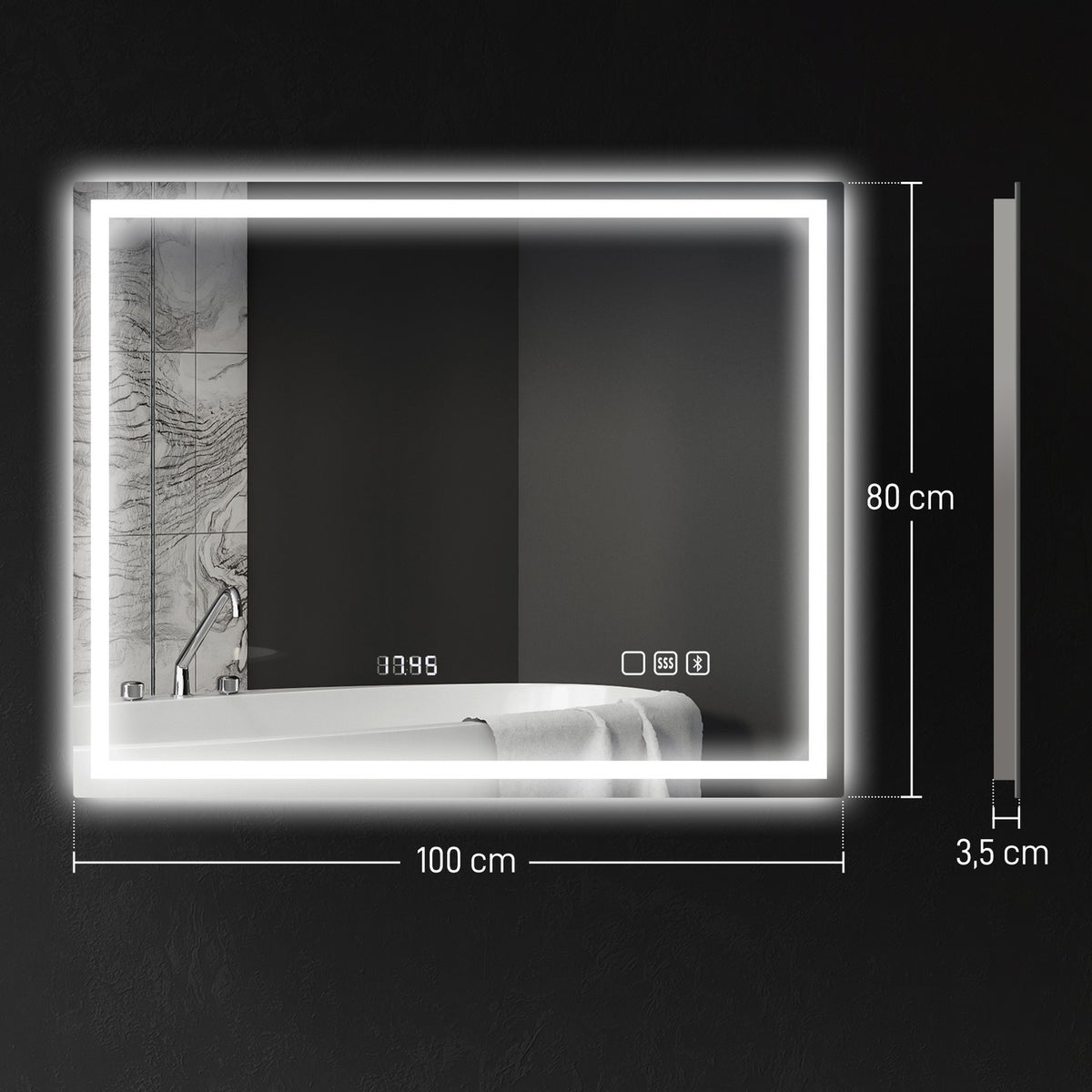 LED Bathroom Mirror, Bluetooth, 80x100 cm, Touch Control