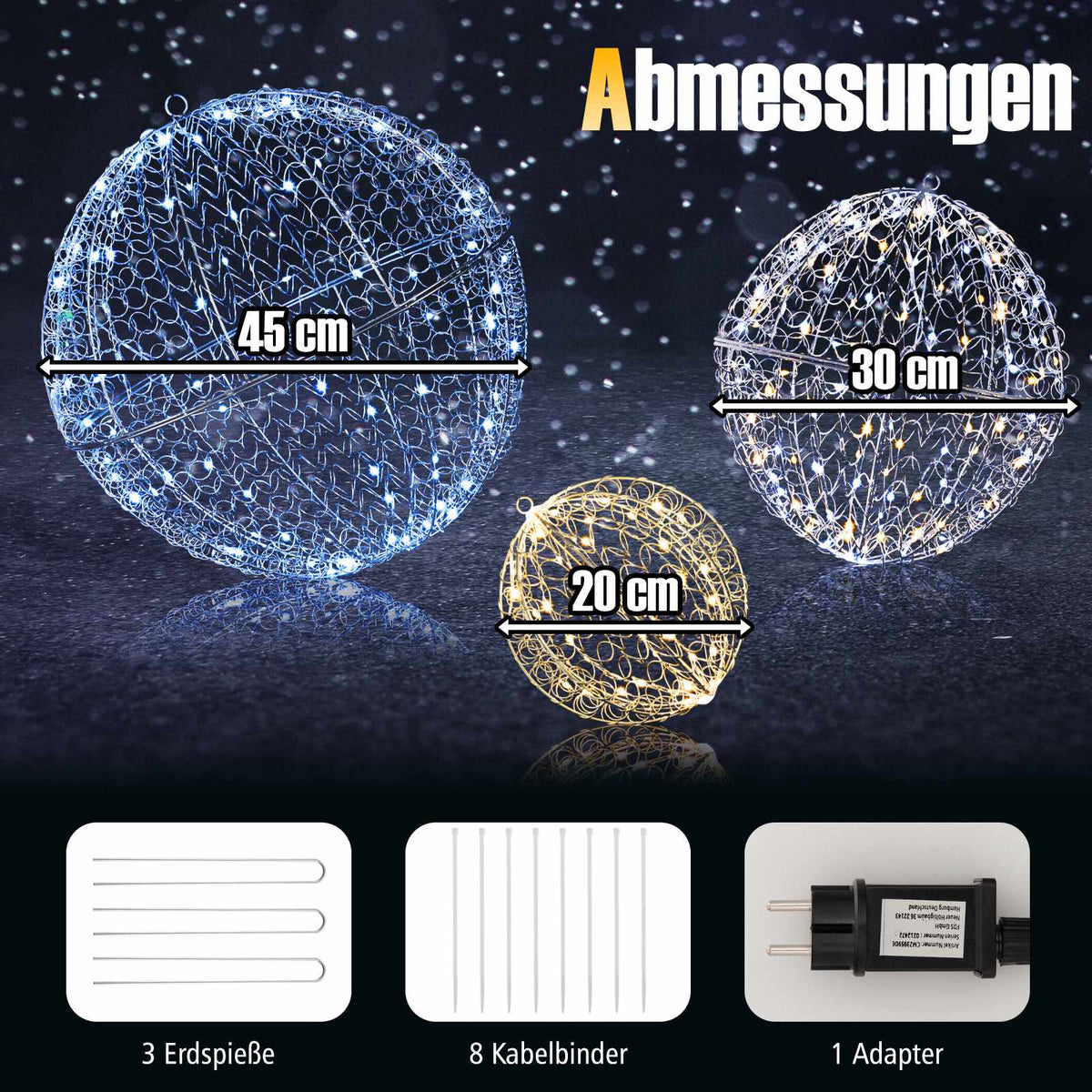 LED Christmas Ball Set, 3 Sizes, 435 LEDs, Outdoor Hanging