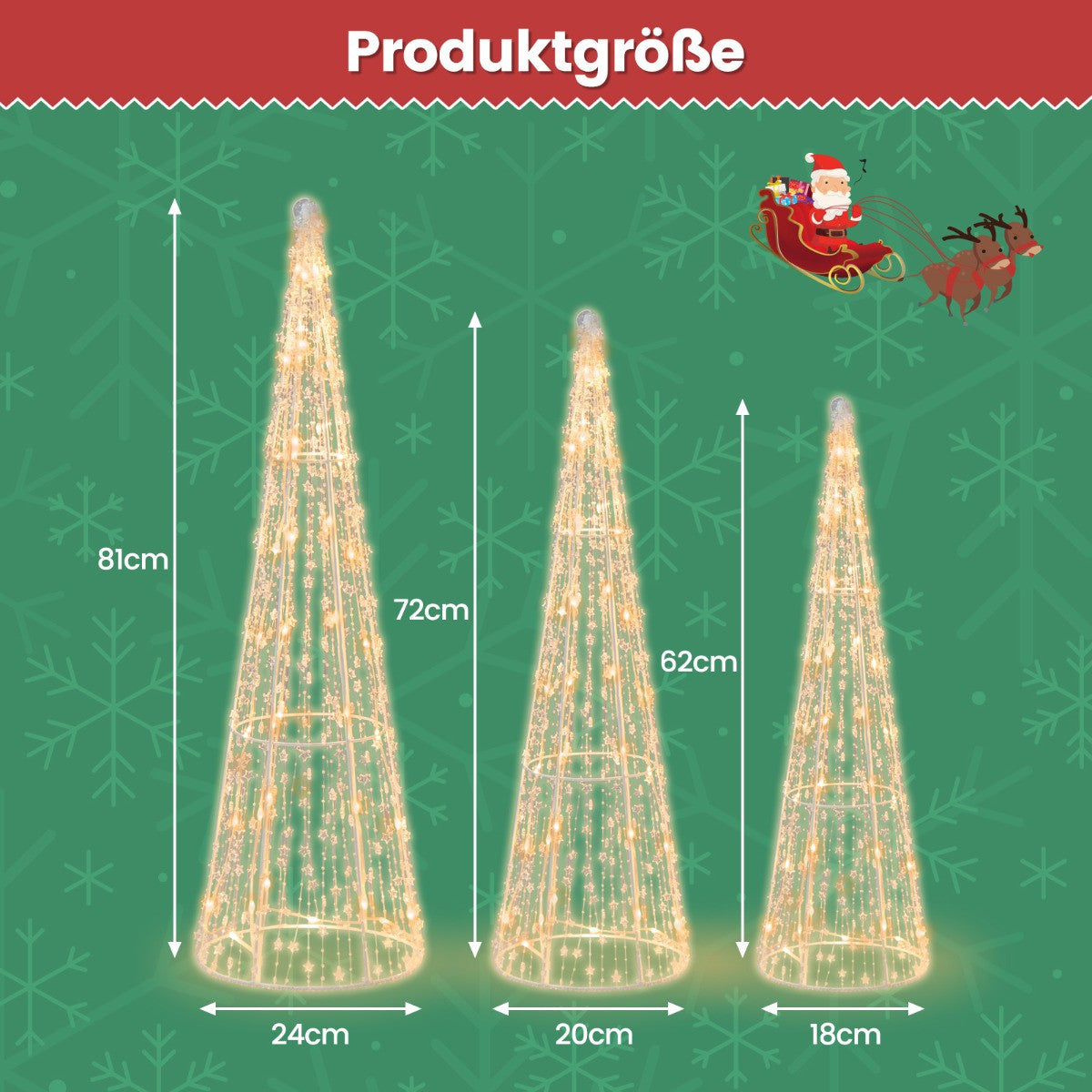 LED Christmas Cone Trees Set, 3-Piece, 90 Warm White
