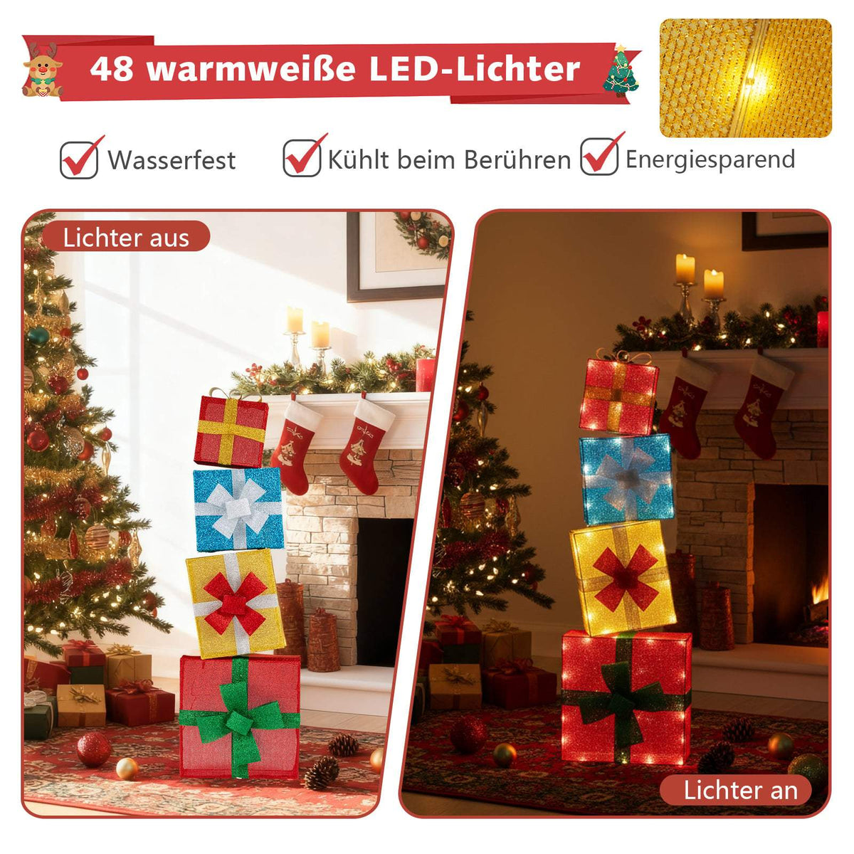 LED Christmas Gift Box Set – 4 Multicolor Lighted Boxes