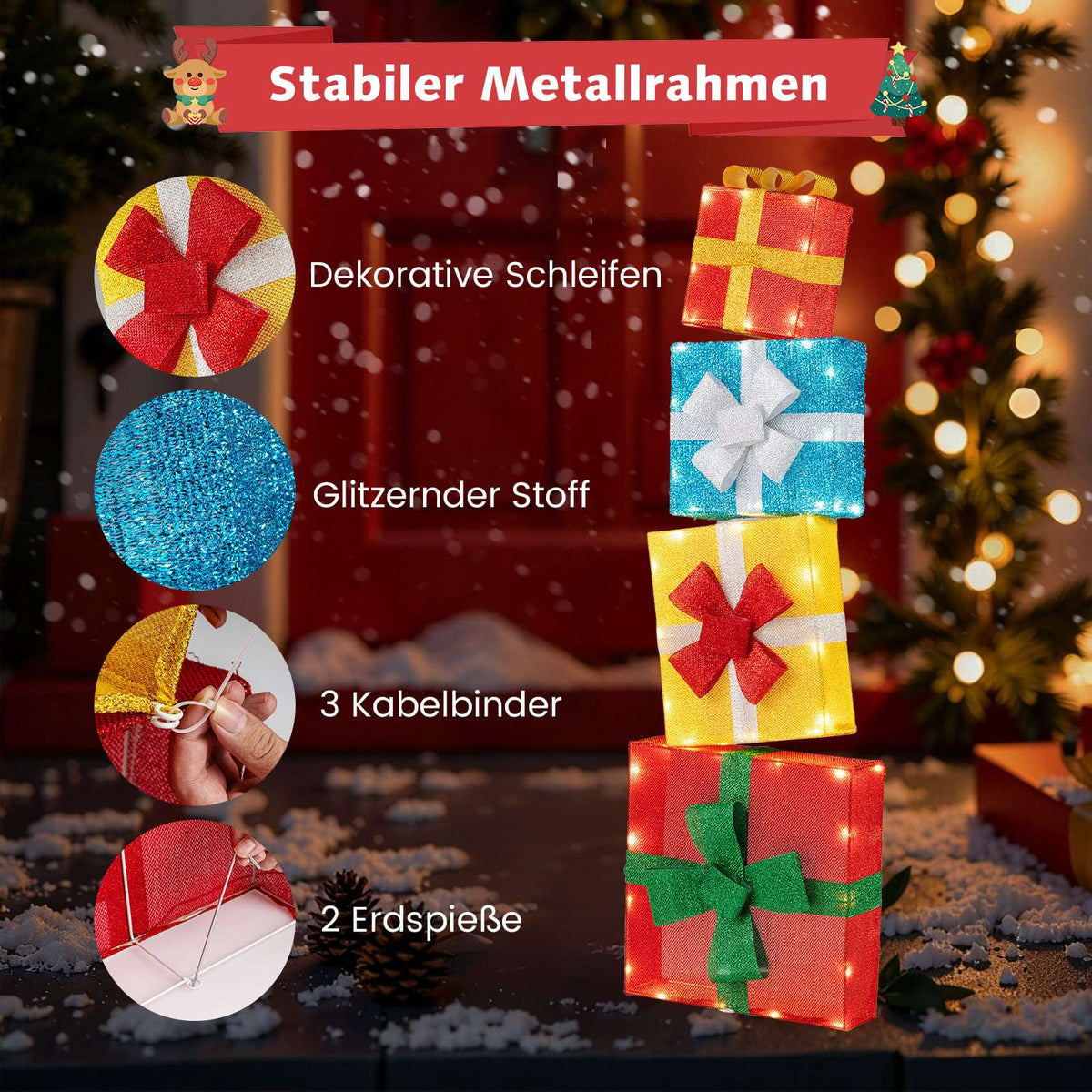LED Christmas Gift Box Set – 4 Multicolor Lighted Boxes