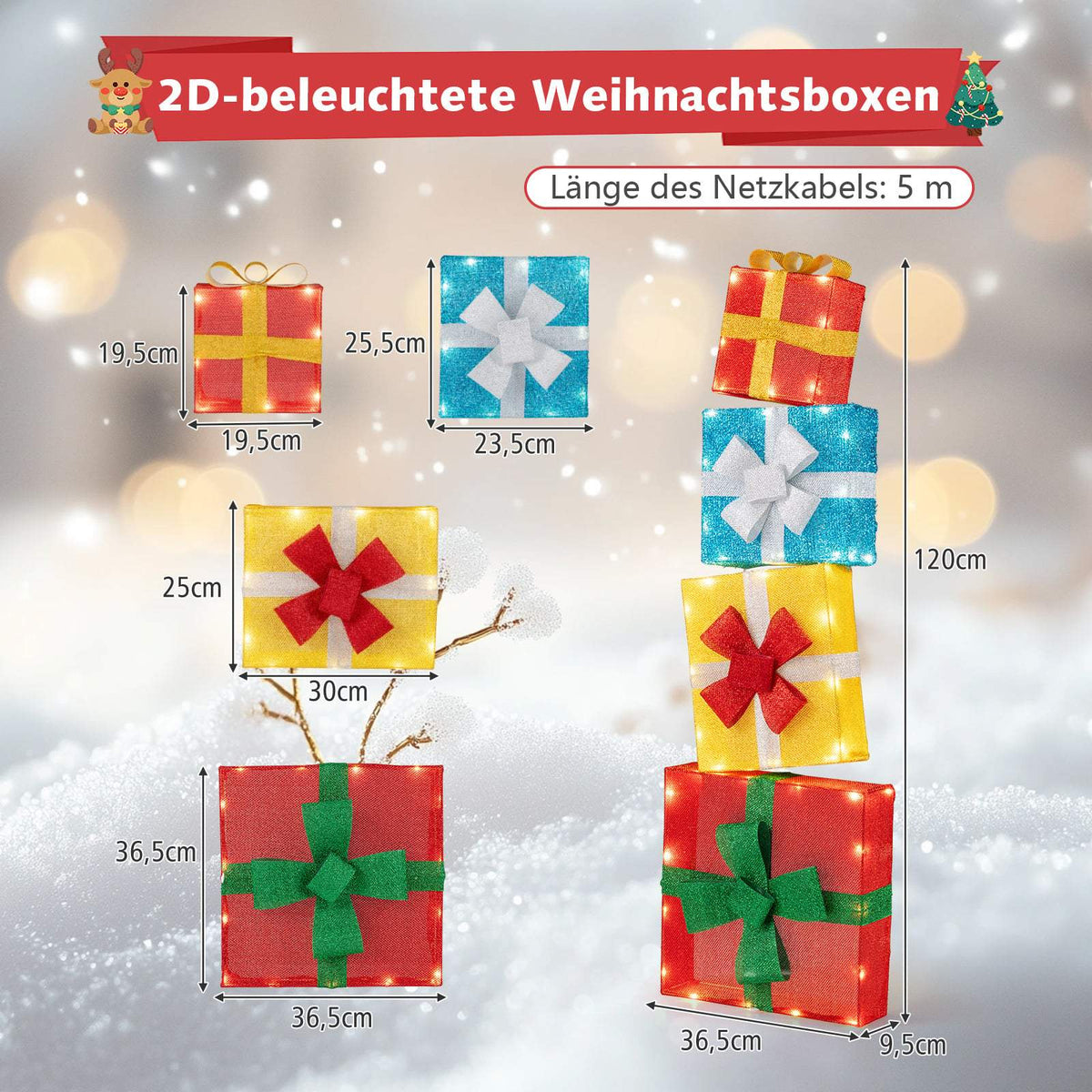 LED Christmas Gift Box Set – 4 Multicolor Lighted Boxes