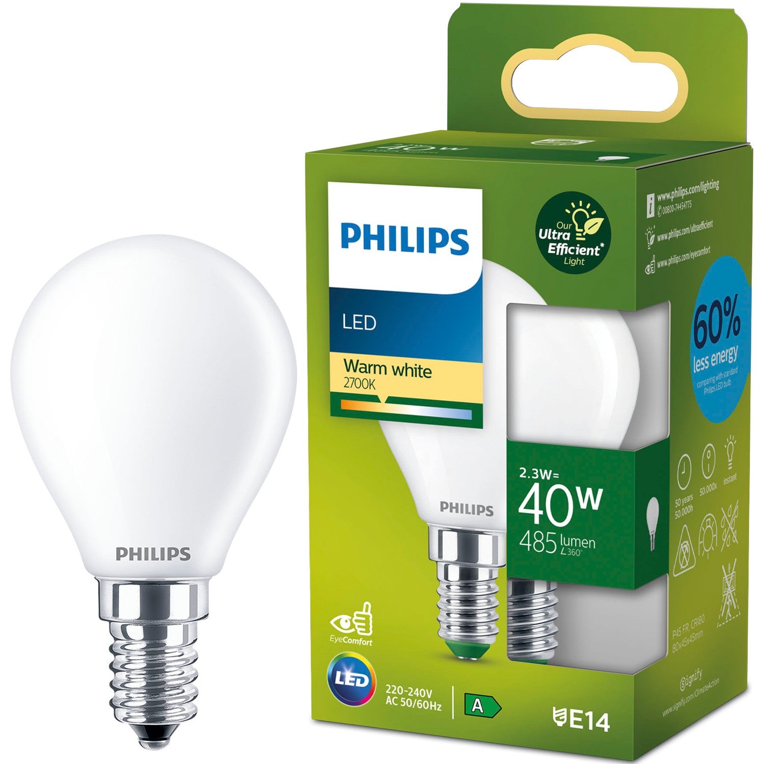 LED E14 Globe P45 2.3W (40W) Frosted 485lm 2700K Energy class A