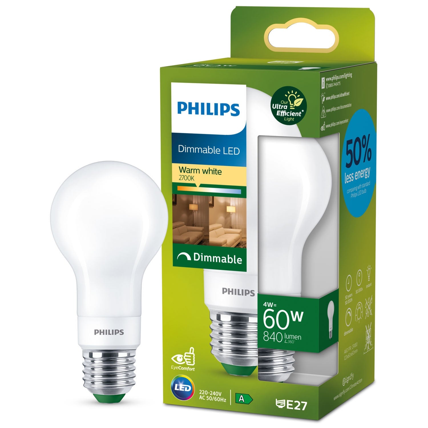 LED E27 Normal 4W (60W) Frost Dimmable 840lm 2700K Energy class A