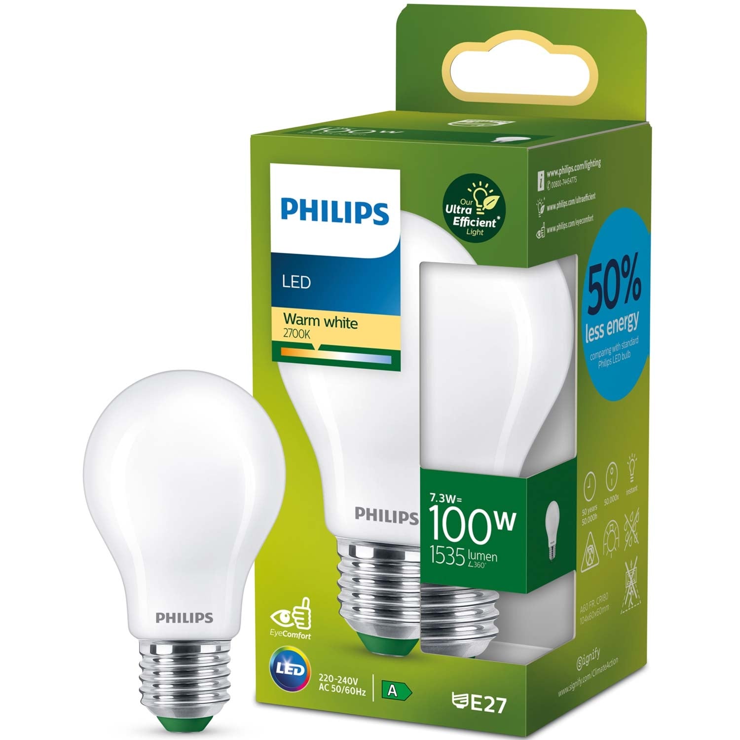 LED E27 Normal 7.3W (100W) Frosted 1535lm 2700K Energy class A
