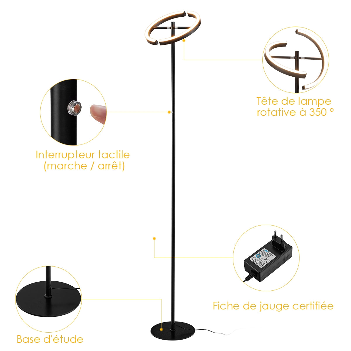 LED Floor Lamp, Dimmable Touch Control, Black Metal