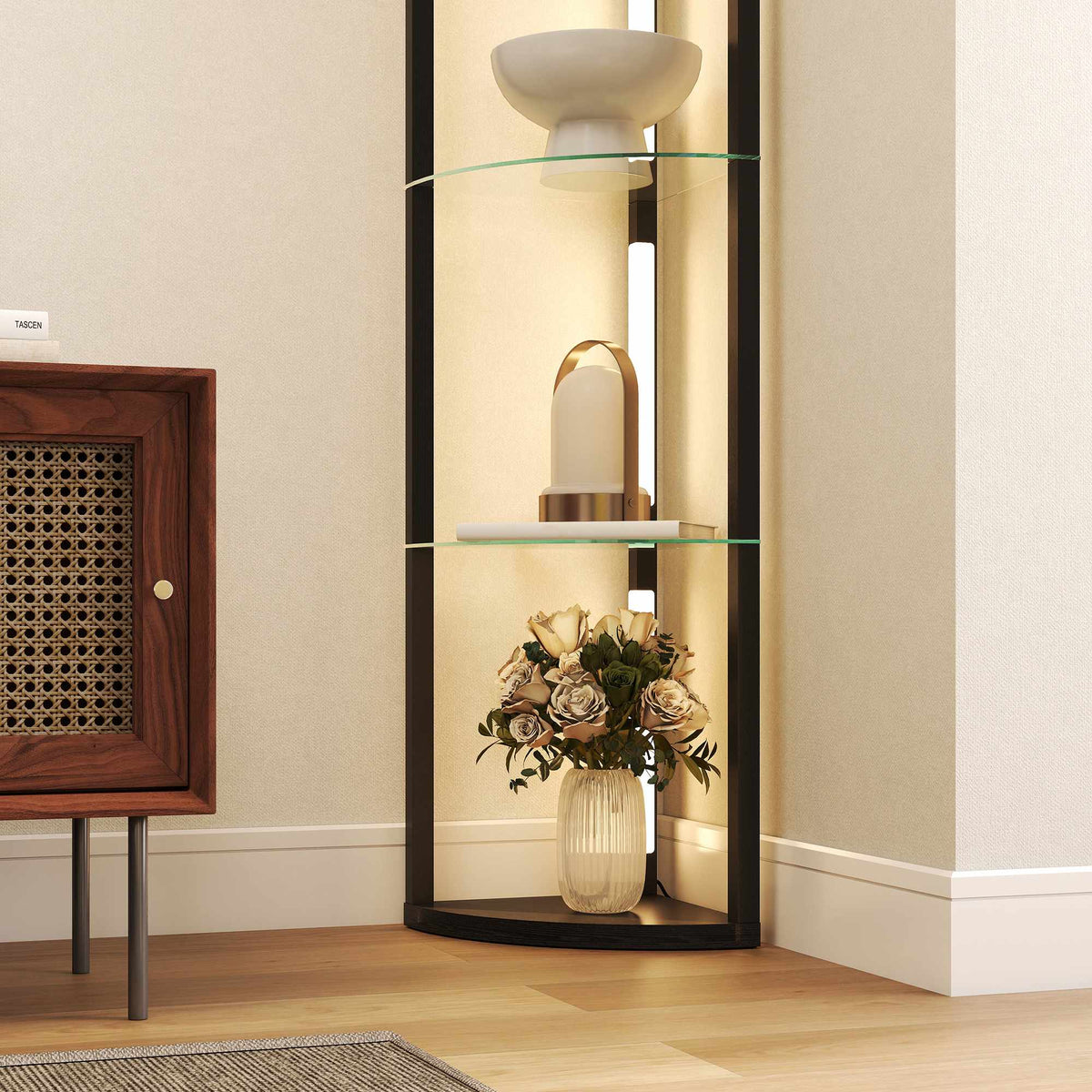 LED Floor Lamp with Shelves, Adjustable Brightness, Black