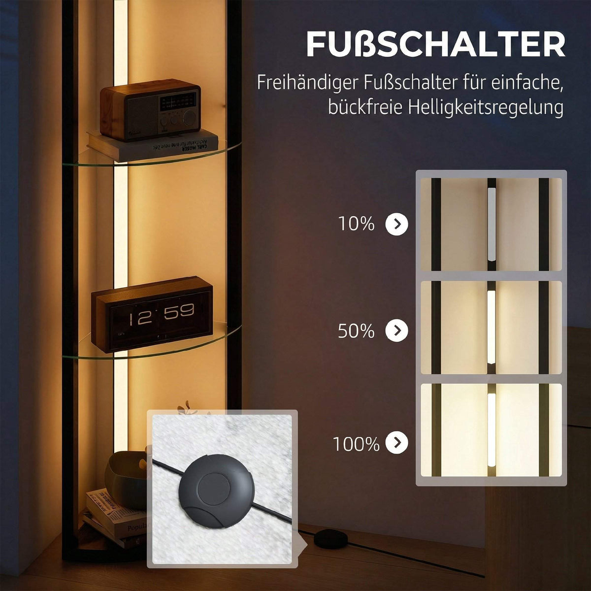 LED Floor Lamp with Shelves, Adjustable Brightness, Black