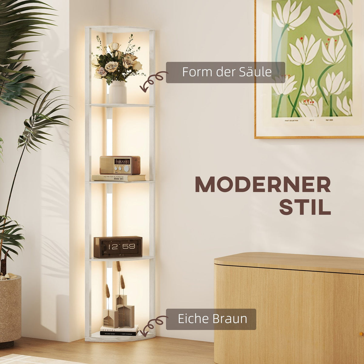 LED Floor Lamp with Shelves, Dimmable, Oak Finish, 41x30x164cm