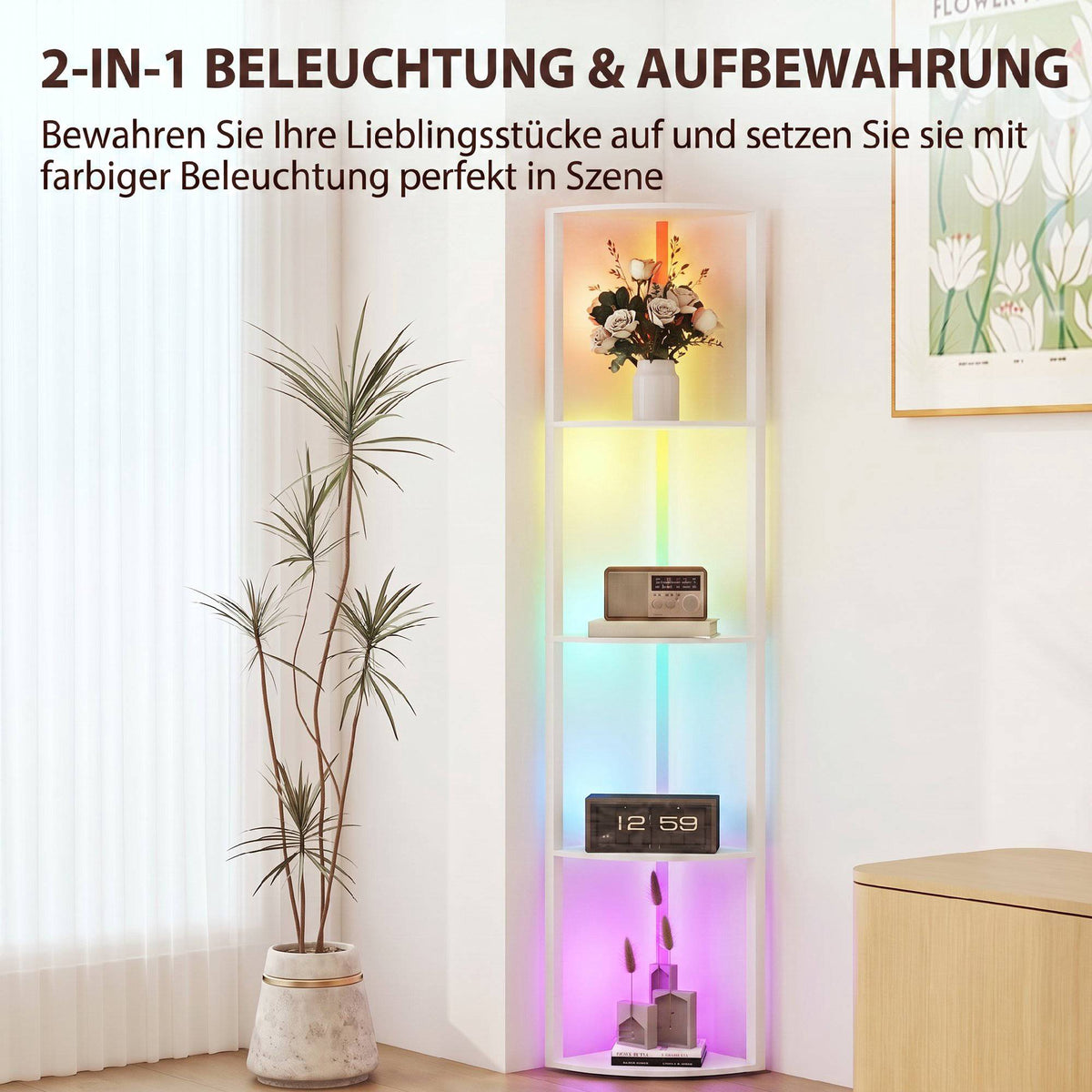 LED Floor Lamp with Shelves, RGB Lighting, Remote Control