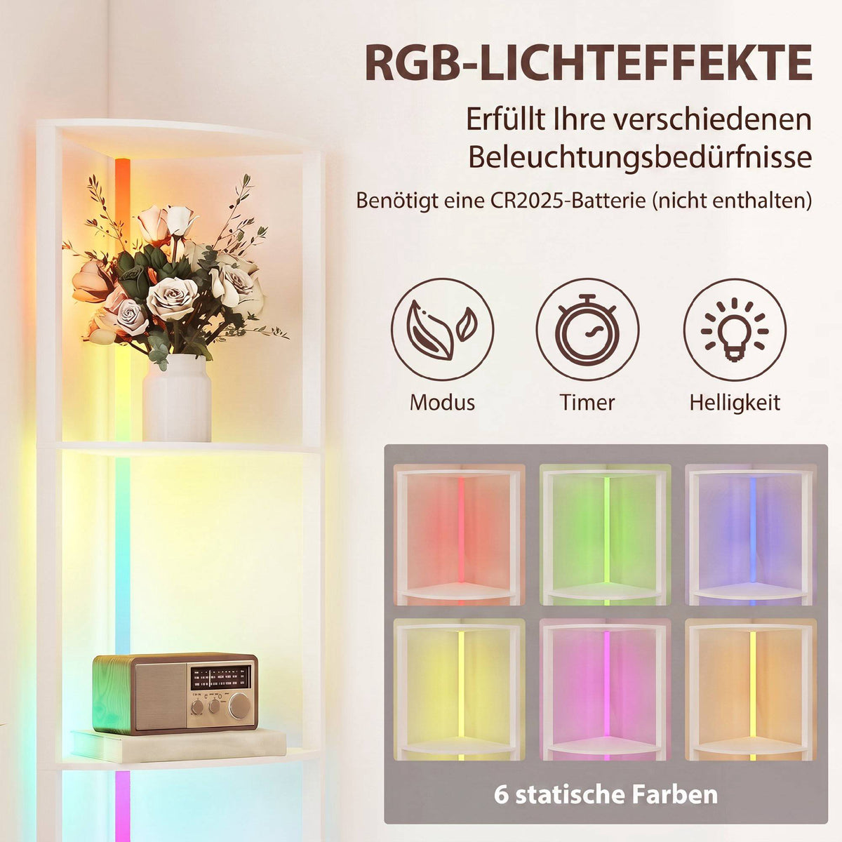 LED Floor Lamp with Shelves, RGB Lighting, Remote Control