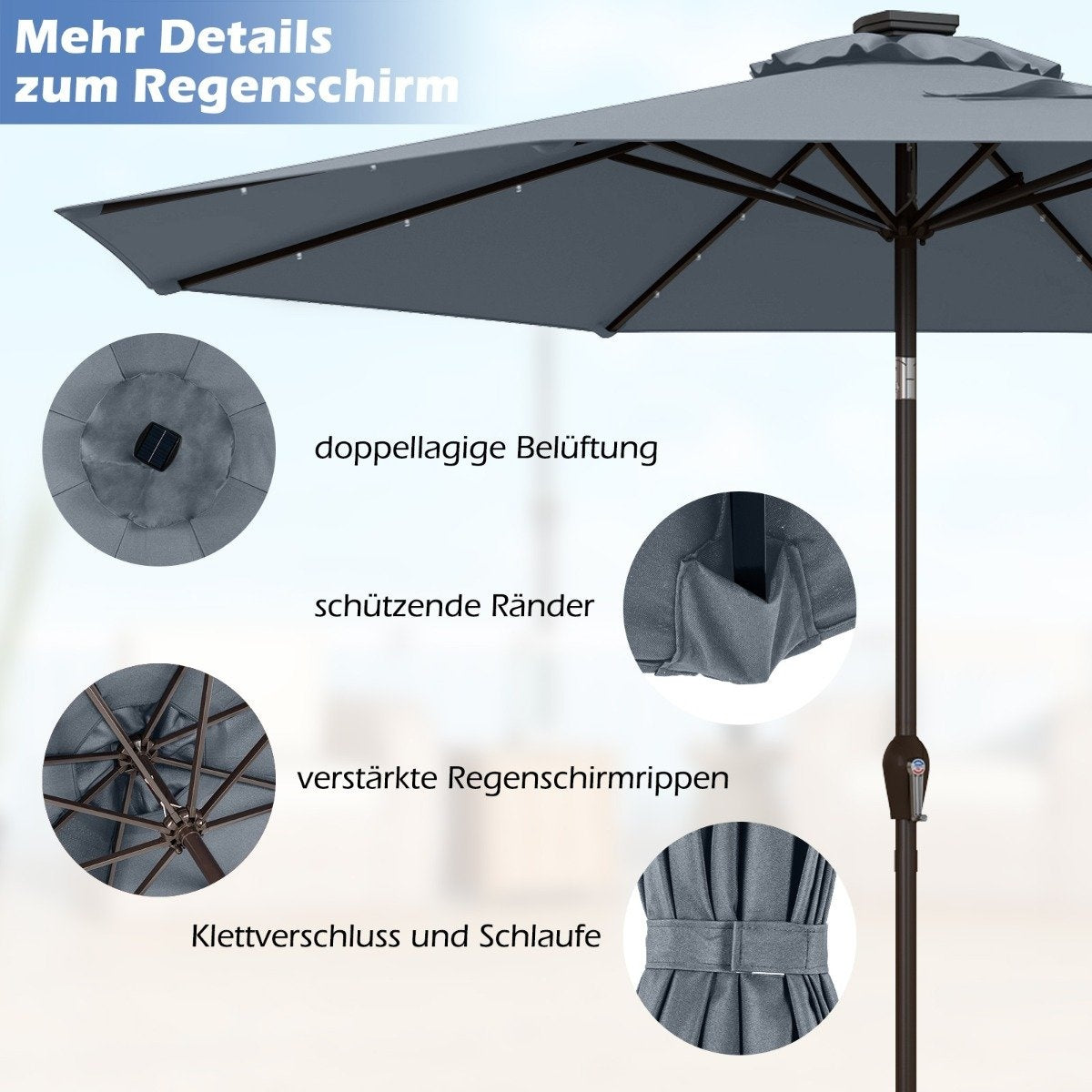 LED Lighting Cantilever Umbrella Round Parasol Solar Powered Garden Umbrella Crank Gray