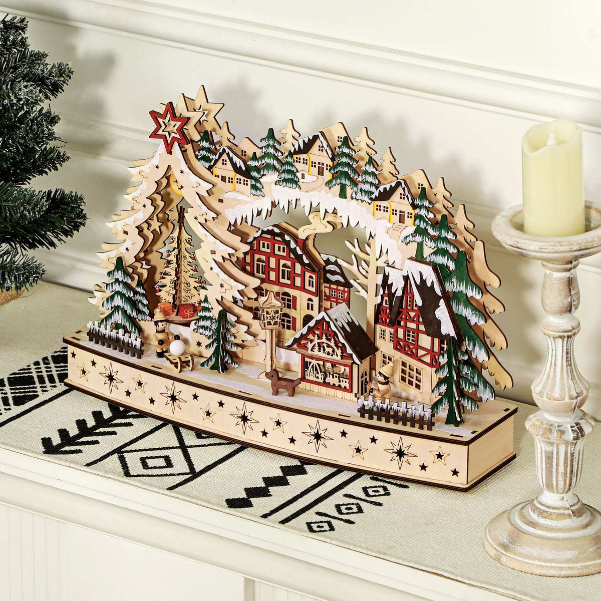 LED-Lit Wooden Christmas Village – 20 Lights, 45x12x30 cm