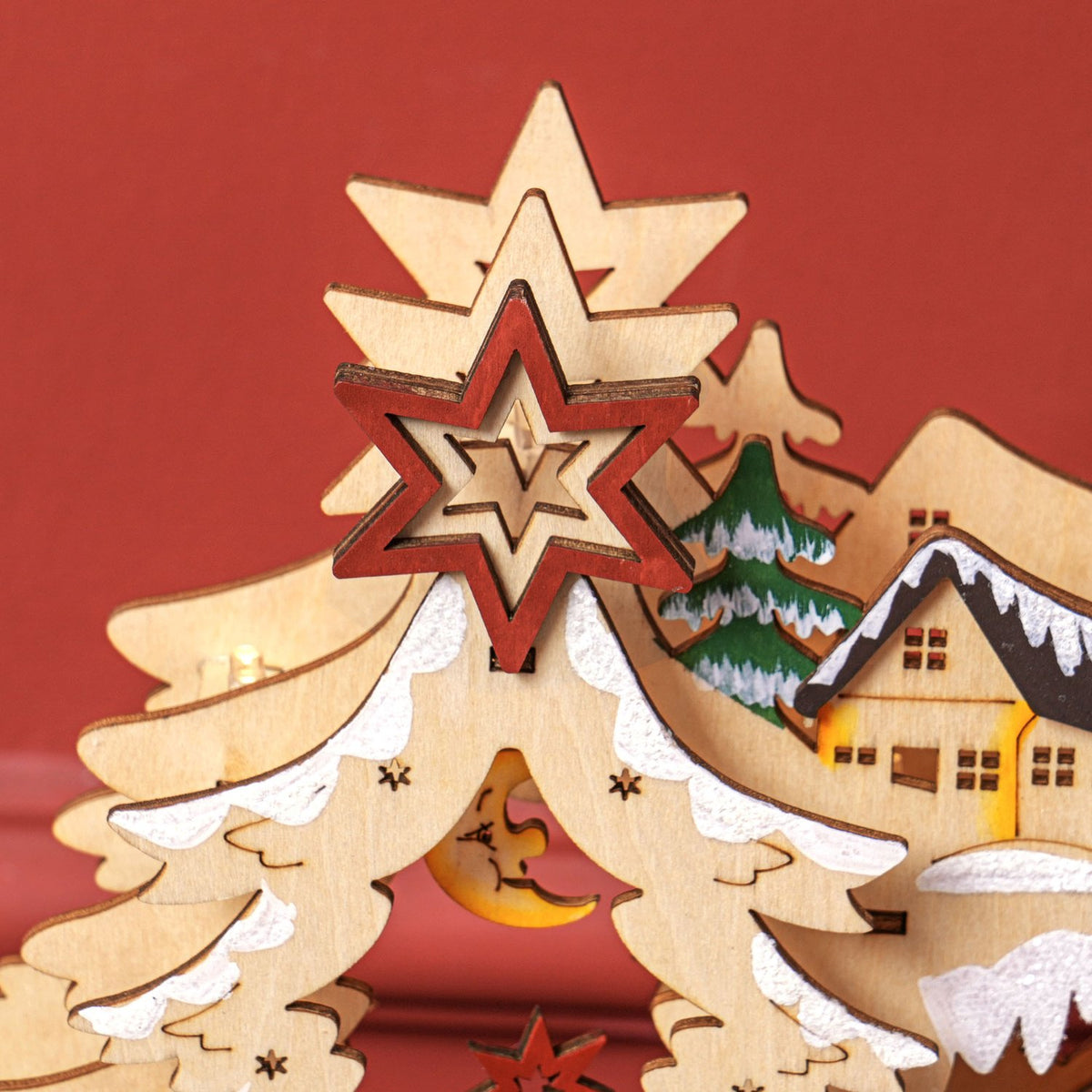 LED-Lit Wooden Christmas Village – 20 Lights, 45x12x30 cm