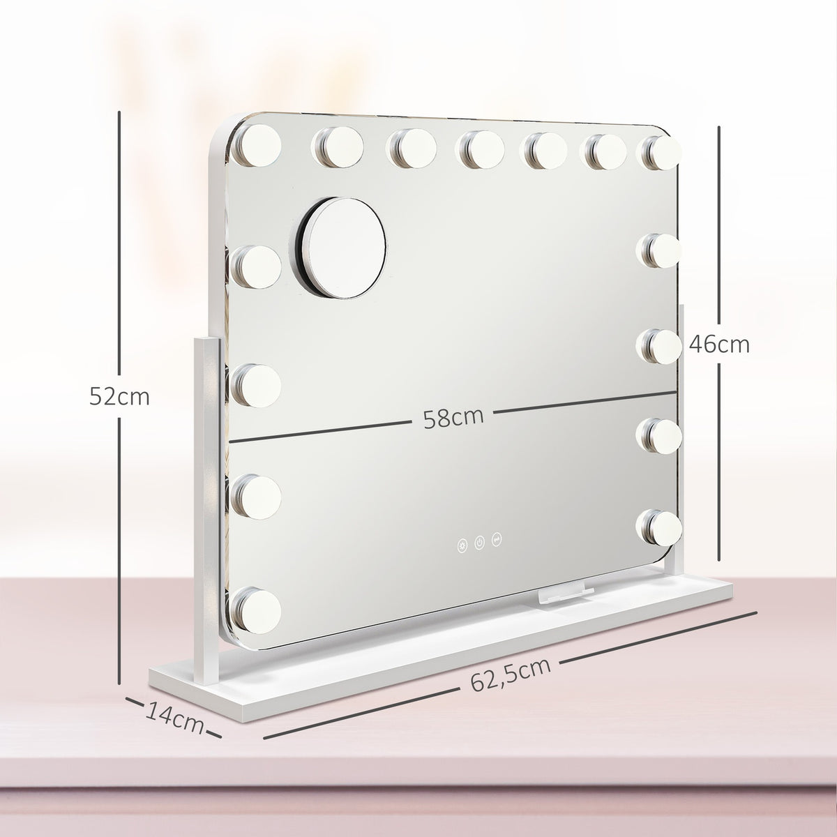 LED Makeup Mirror – 3 Light Modes, Dimmable, USB, 62.5x49.5cm