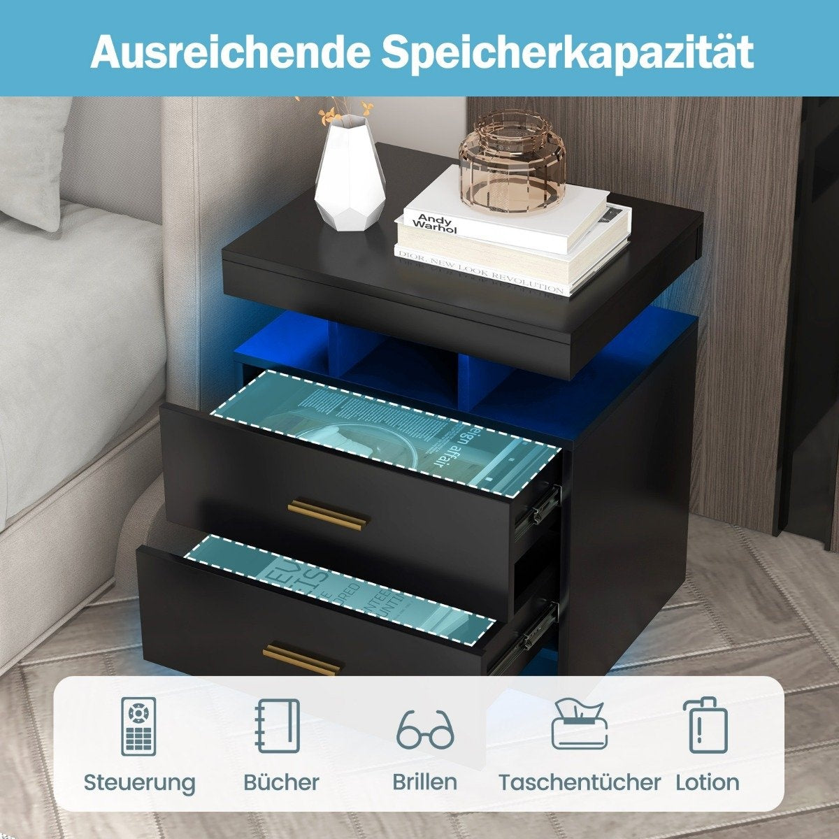 LED Nightstand with 2 Drawers, High Gloss, Black, 50x40x58 cm