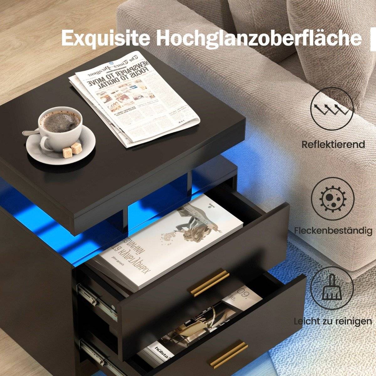LED Nightstand with 2 Drawers, High Gloss, Black, 50x40x58 cm