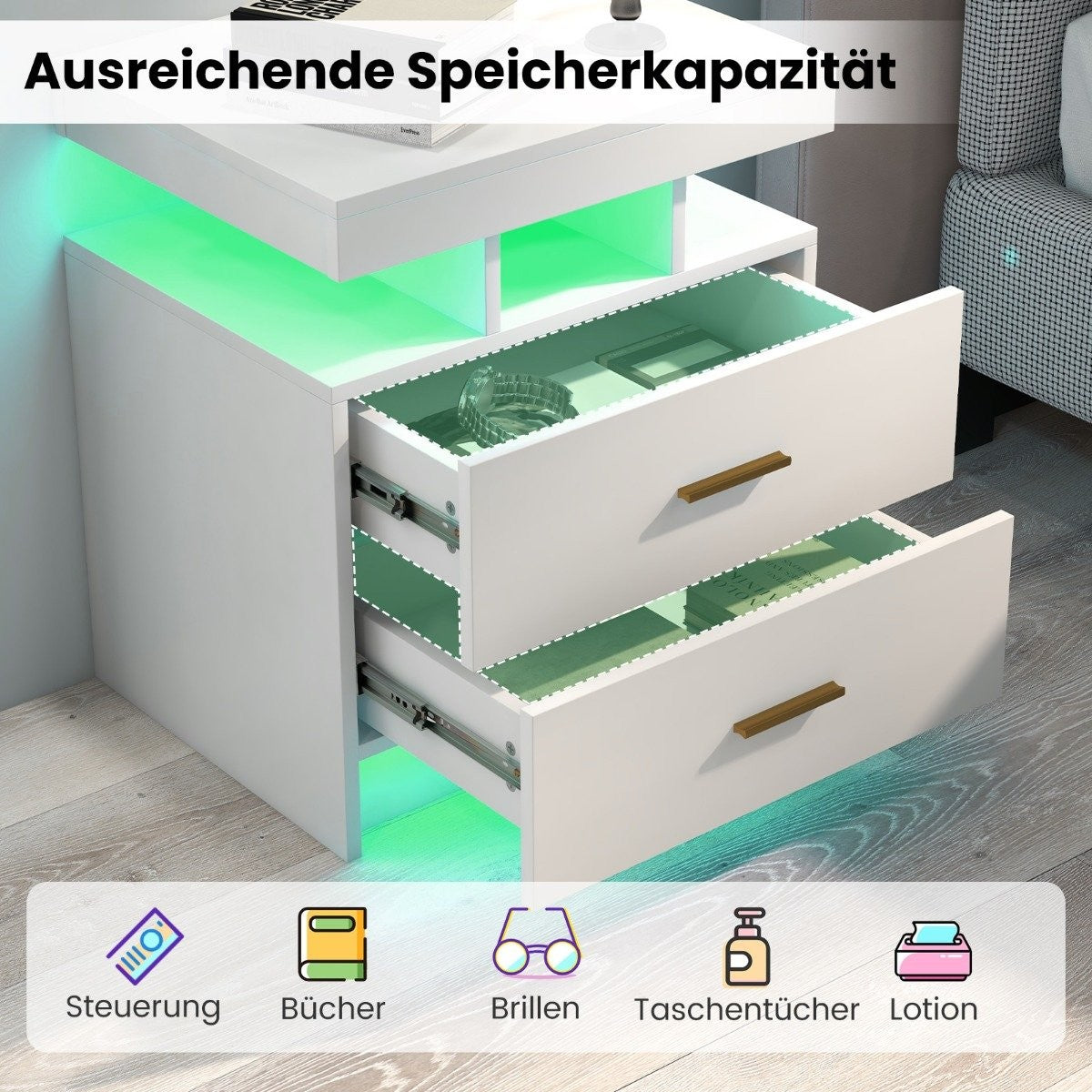 LED Nightstand with 2 Drawers, High Gloss, Remote Control
