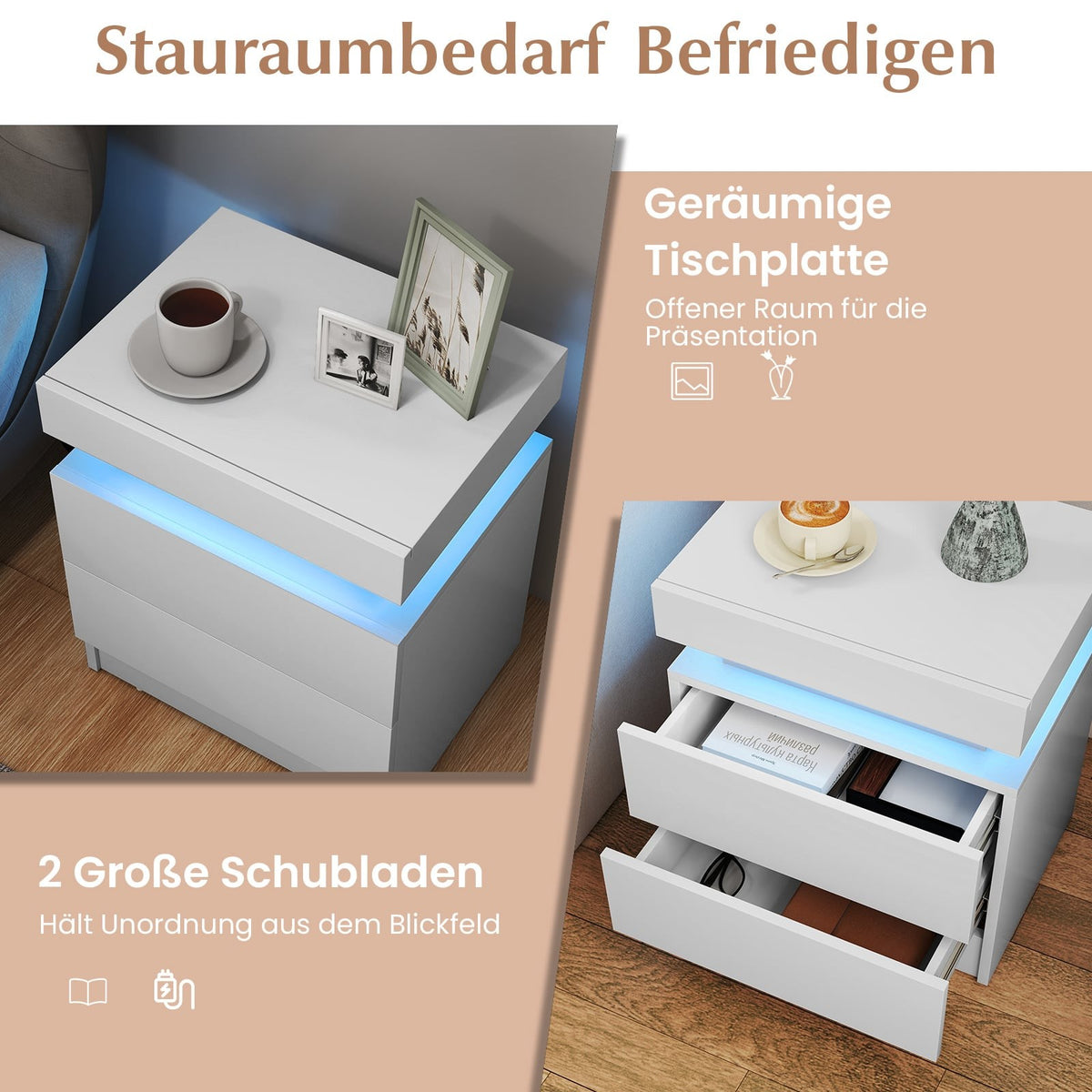 LED Nightstand with 2 Drawers, White MDF, Modern Design