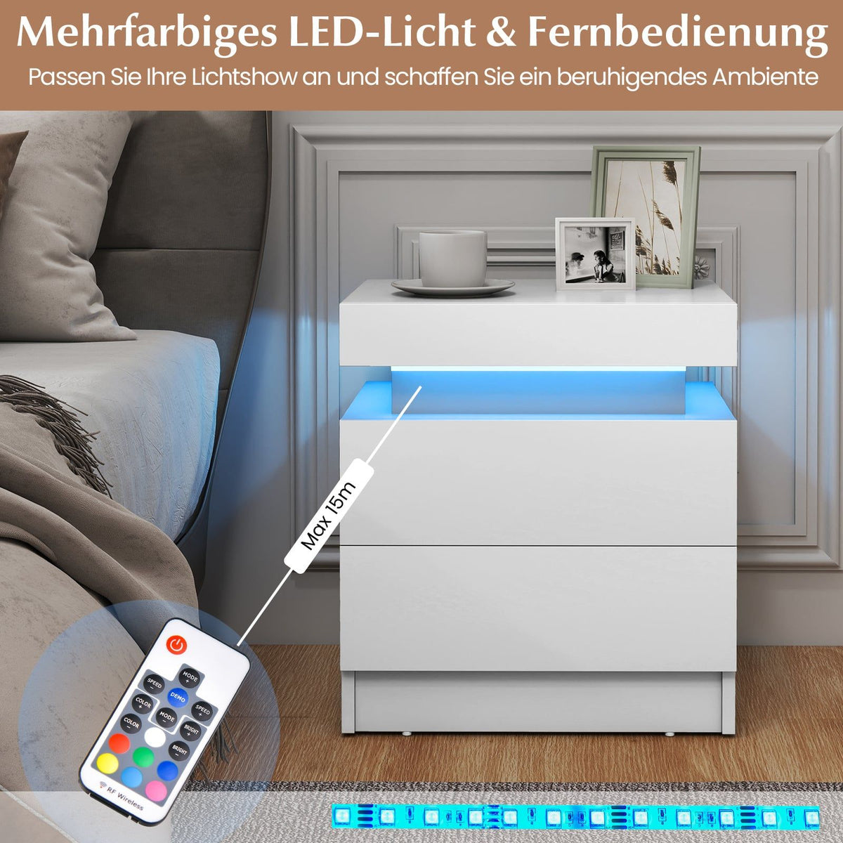 LED Nightstand with 2 Drawers, White MDF, Modern Design