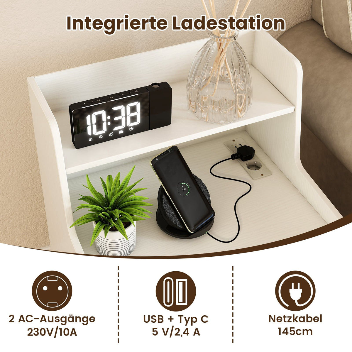 LED Nightstand with Charging Station, 2 Drawers, White