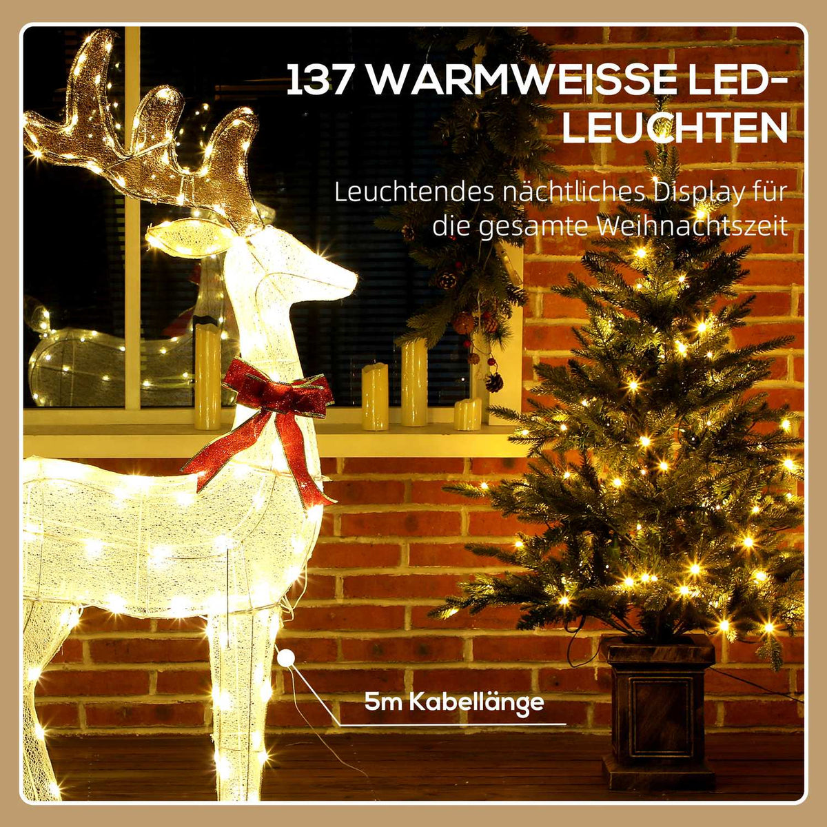 LED Reindeer with Red Bow, 137 Lights, Weatherproof, 66x25x135 cm