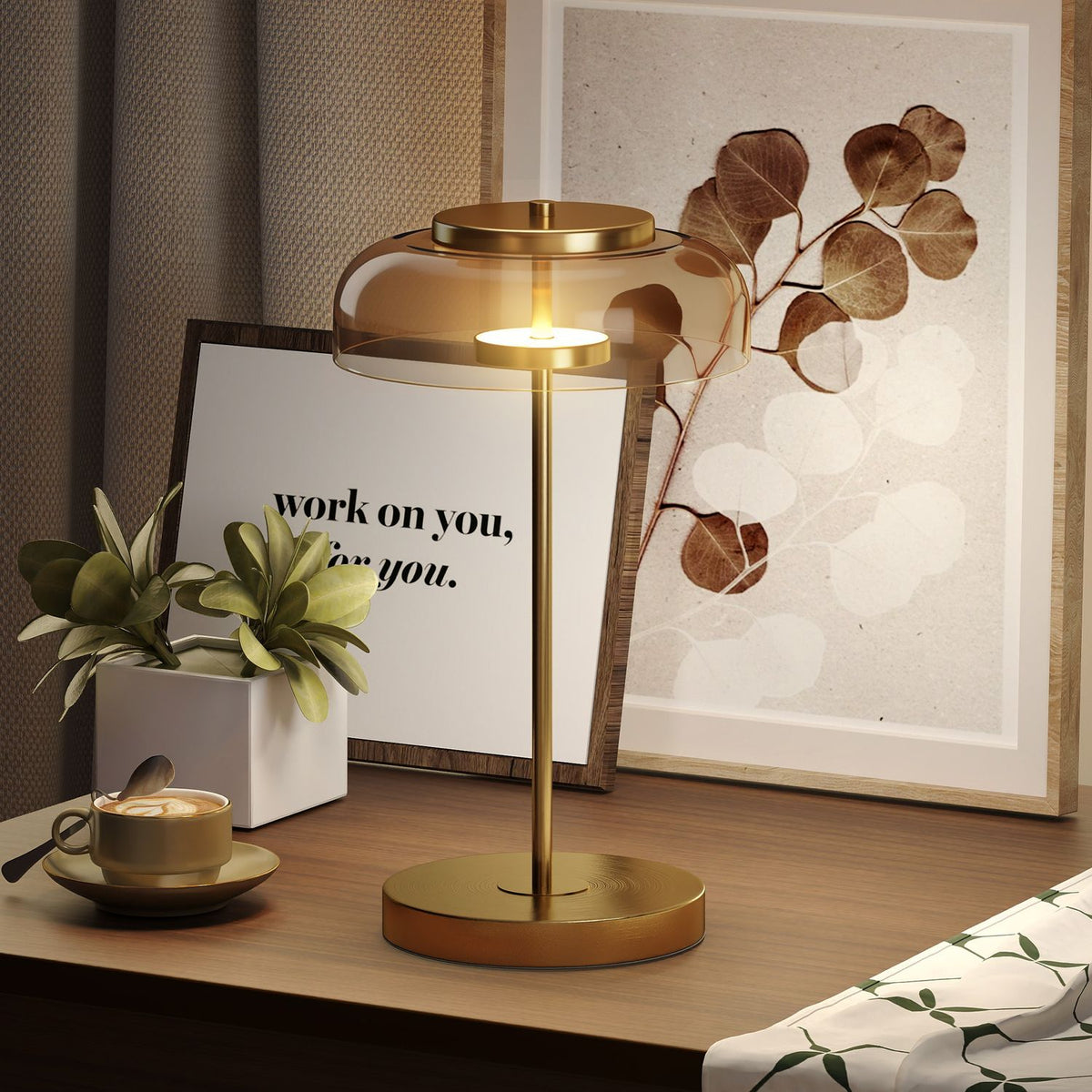 LED Table Lamp, Warm Light, Metal Base, Amber Glass Shade