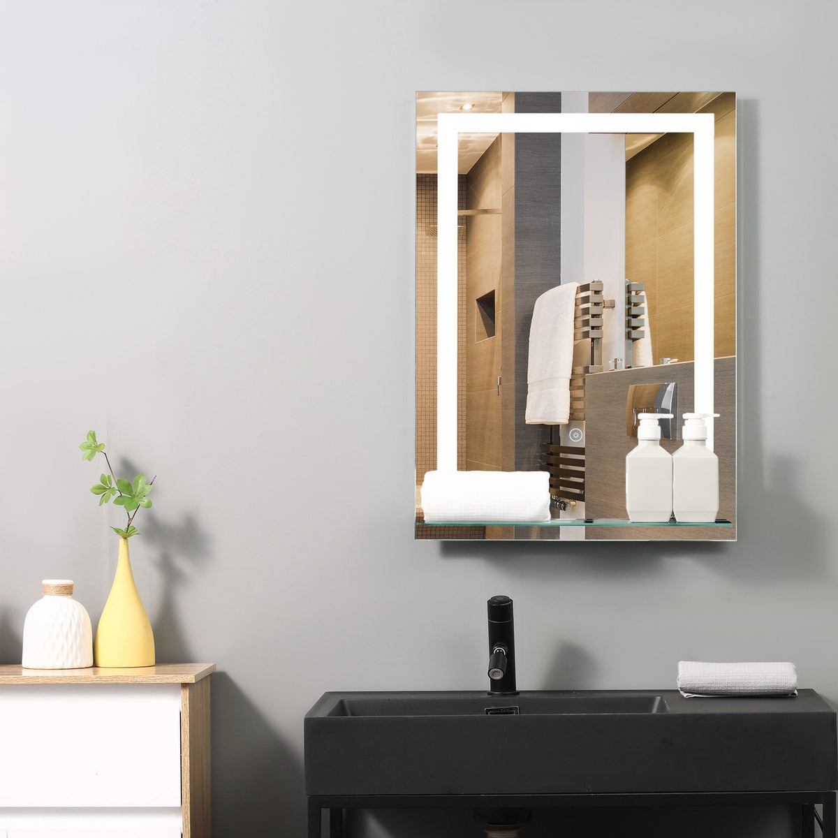 LED bathroom mirror bathroom mirror with lighting, glass shelf, 22W, 70x50cm
