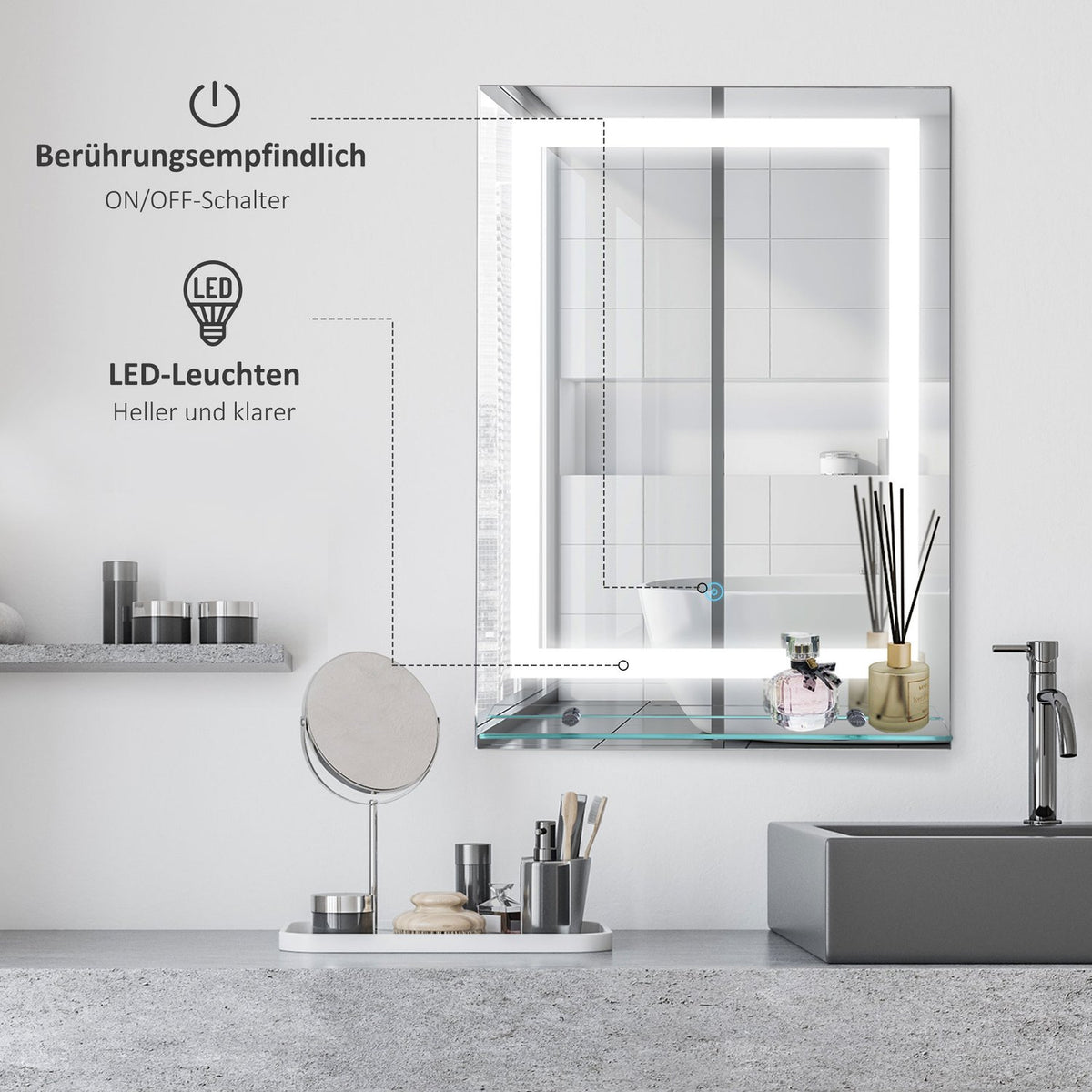 LED bathroom mirror bathroom mirror with lighting, glass shelf, 22W, 70x50cm