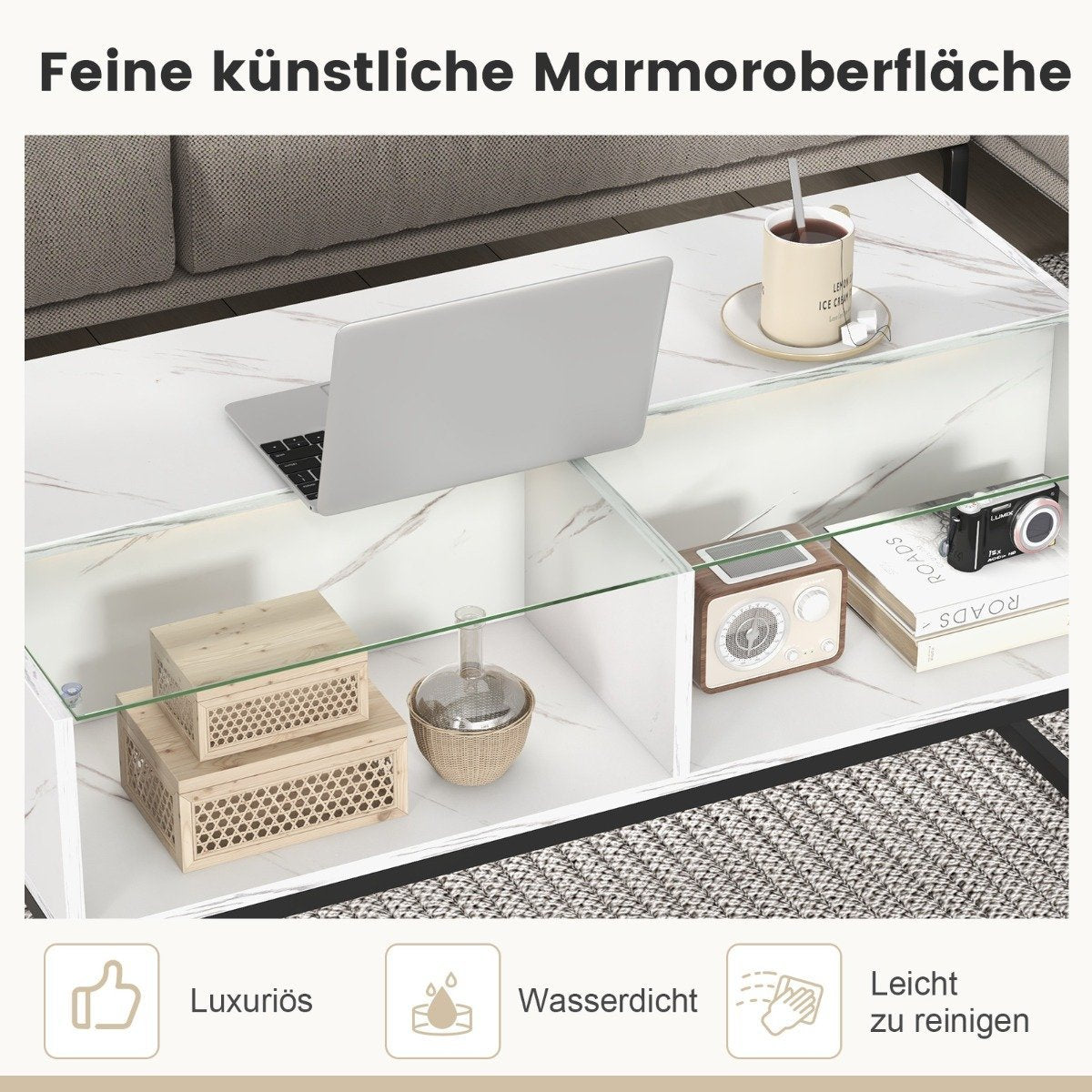 LED coffee table with marble look &amp; Adjustable light colors &amp; Brightness living room table white
