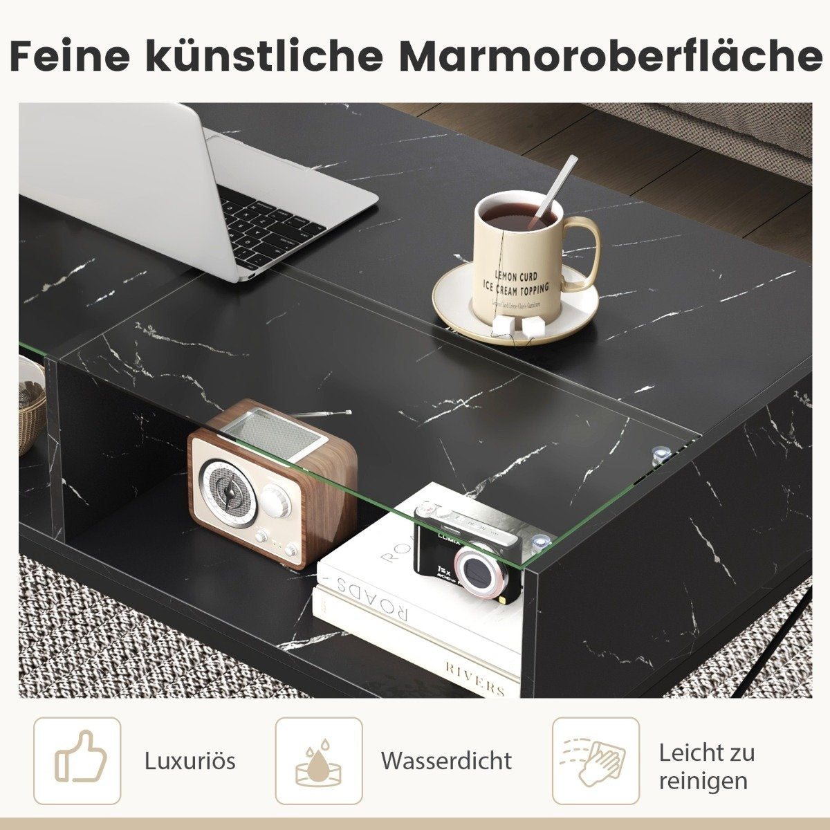 LED coffee table with marble look &amp; adjustable light colors &amp; Brightness living room table black