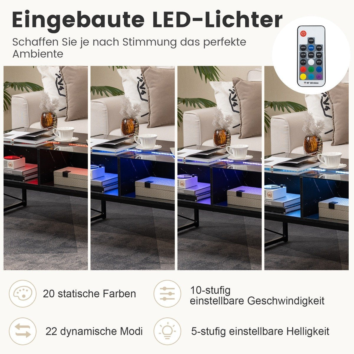 LED coffee table with marble look &amp; adjustable light colors &amp; Brightness living room table black