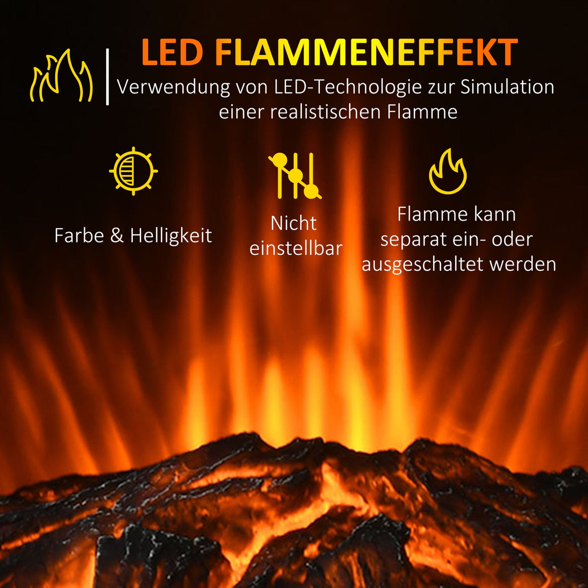 LED electric fireplace, free-standing fireplace, fireplace with flame effect, 1000/2000W, interior heating, decorative fireplace, 2 heating levels 44.5x32x74cm for a cozy atmosphere