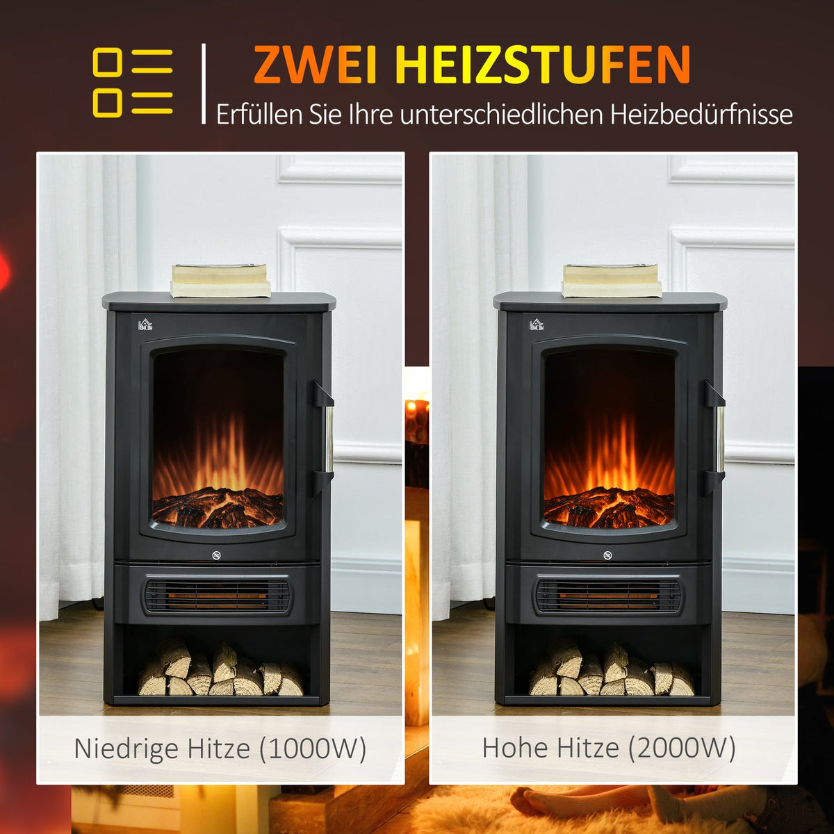 LED electric fireplace, free-standing fireplace, fireplace with flame effect, 1000/2000W, interior heating, decorative fireplace, 2 heating levels 44.5x32x74cm for a cozy atmosphere