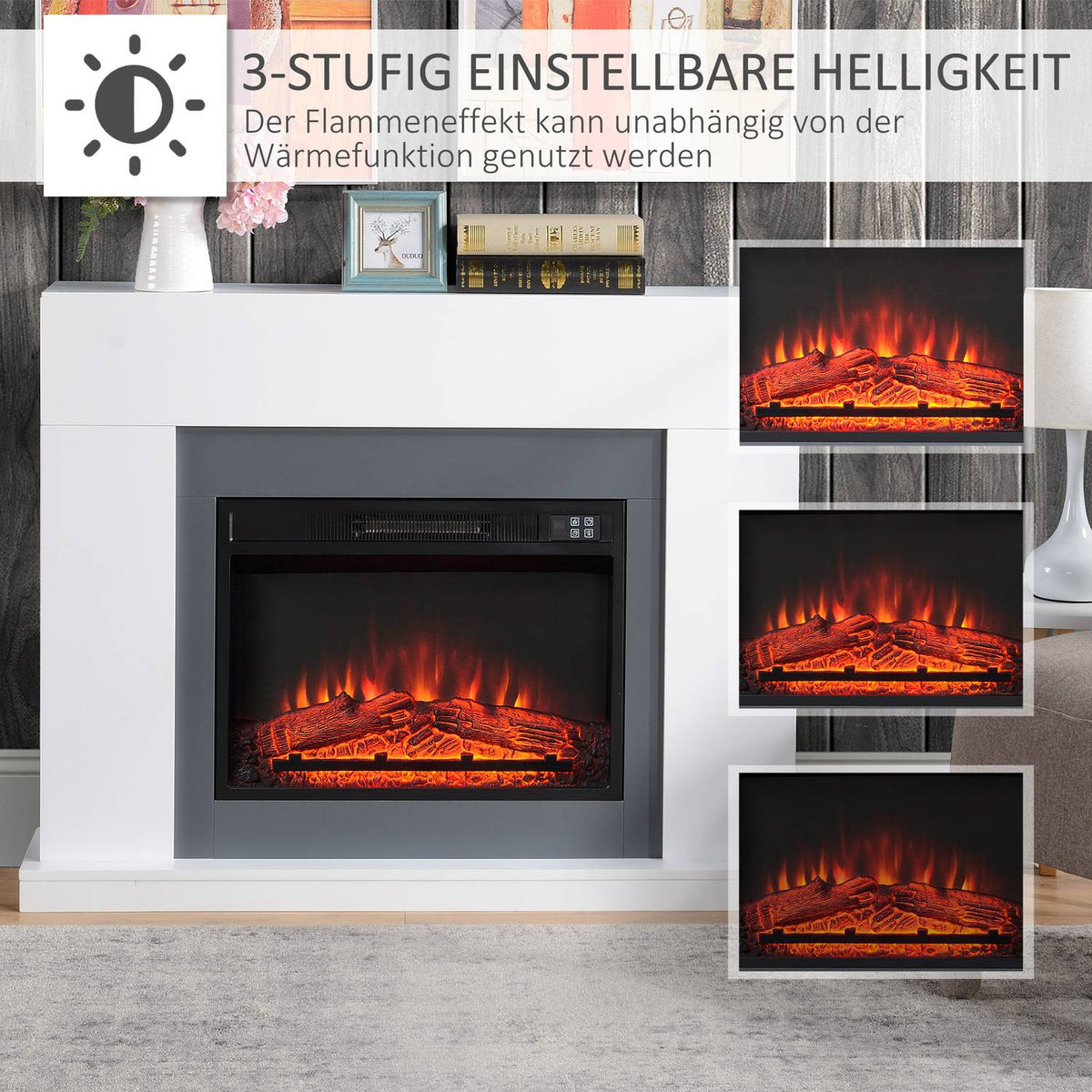 LED electric fireplace, freestanding fireplace, fireplace with flame effect, 1800/2000W, interior heating, decorative fireplace, MDF white, 113x26.6x87.5cm for a cozy atmosphere