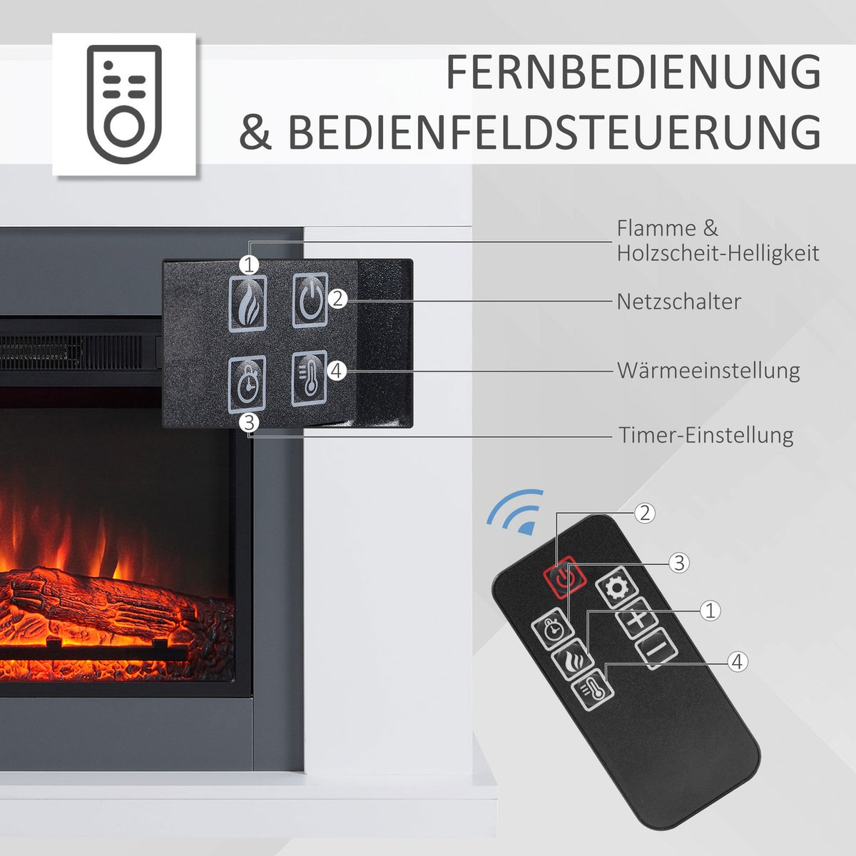 LED electric fireplace, freestanding fireplace, fireplace with flame effect, 1800/2000W, interior heating, decorative fireplace, MDF white, 113x26.6x87.5cm for a cozy atmosphere
